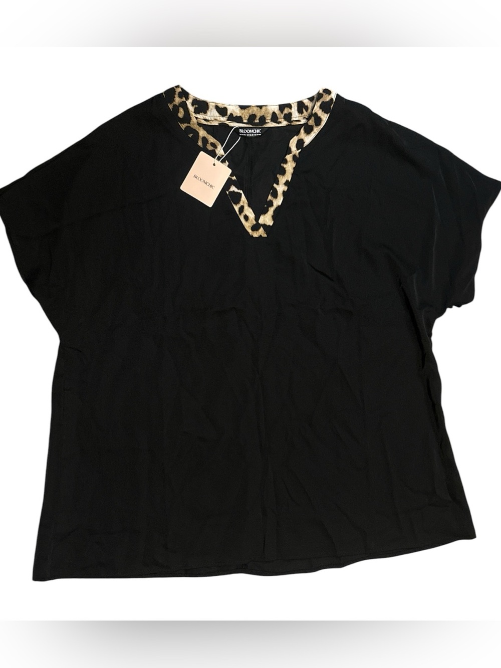 Bloomchic Black Short Sleeve Top with Leopard Trim